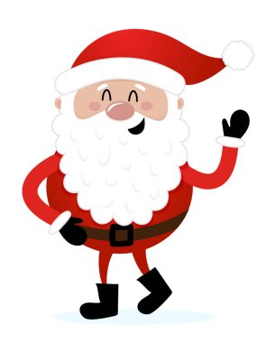 Ayakta duran Noel Baba çizgi film tarzında illüstrasyon yapıyor. Mutlu Noeller ve mutlu yıllar. Noel Baba 'nın atölyesindeki komik karakterler.