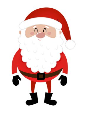 Ayakta duran Noel Baba, çizgi film tarzında illüstrasyon. Mutlu Noeller ve mutlu yıllar. Noel Baba 'nın atölyesindeki komik karakterler.