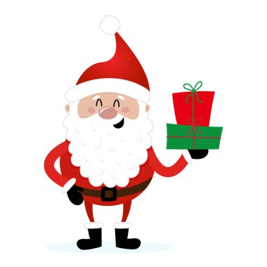 Noel Baba sana hediyeler veriyor. Çizgi film tarzında illüstrasyon. Mutlu Noeller ve mutlu yıllar. Noel Baba 'nın atölyesindeki komik karakterler.