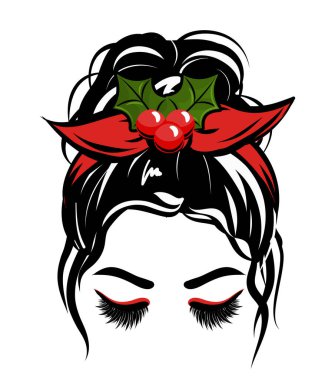 Güzel kirpikleri ve Holly ile kırmızı bandanası olan güzel bir kadın. Dağınık topuzlu Leydi Anne, işleri hallediyor. Tişört için moda illüstrasyonu. Noel tasarımı.