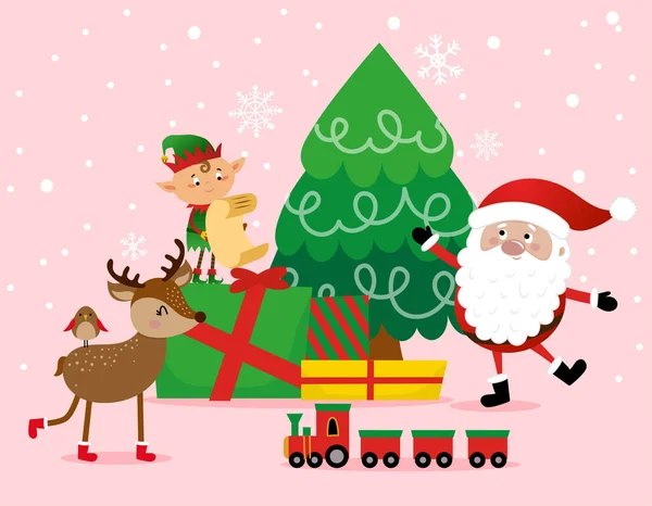 Scena Natale Piccoli Aiutanti Babbo Natale Stile Cartone Animato Buon — Vettoriale Stock