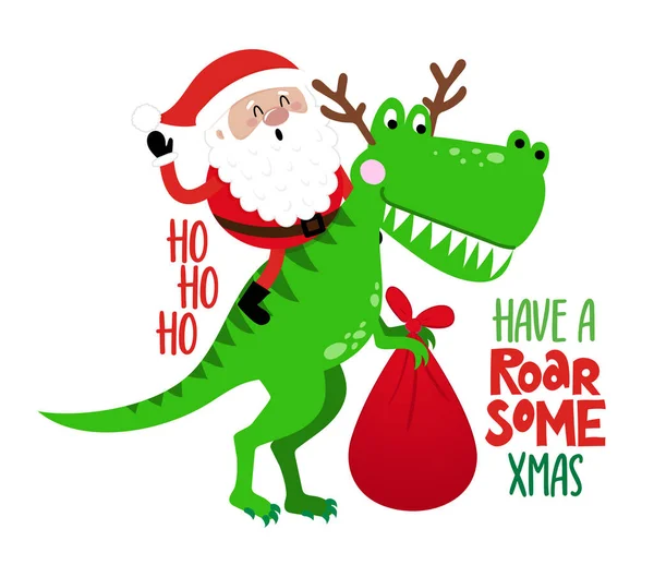 バラ色のクリスマスを持っている サンタはトレックス恐竜に乗っています メリークリスマス クリスマスと幸せな新年面白いコンセプト 漫画のベクターイラスト サンタクロースが町に来る — ストックベクタ