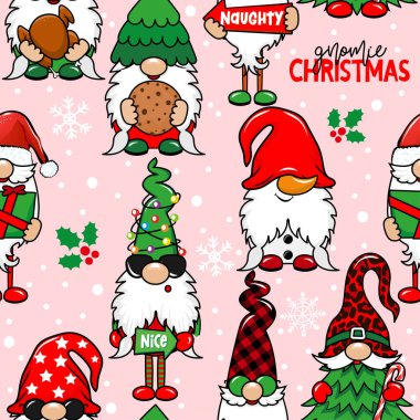 Garden gnomes, gnomie Merry Christmas - funny drawing seamless pattern. wallpaper, wrapping paper. Merry Christmas and Happy New Year. clipart