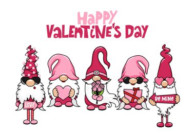 Happy Valentine's Day gnomes with hearts and love letters. Nordic magic dwarf. Cute holidays Elf with hat. Vector illustration for love day clipart