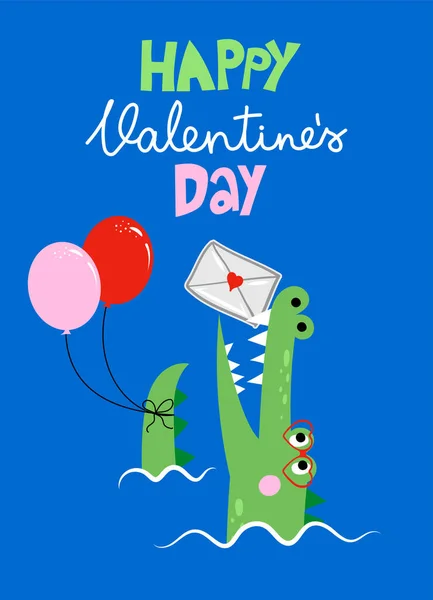Happy Valentine Day Cute Funny Hand Drawn Doodle Crocodile Love — Stock Vector