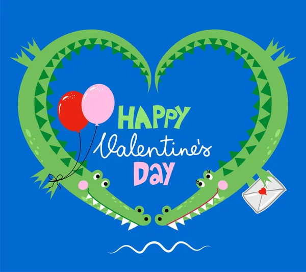 Happy Valentine Day Cute Funny Hand Drawn Doodle Crocodile Couple — Vetor de Stock