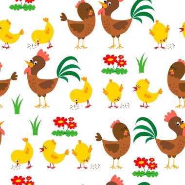 Horoz, Tavuk ve piliçler. Paskalya, bahar, bebek kumaşı, dekorasyon, ambalaj kağıdı ve duvar kağıdı için kusursuz vektör deseni.