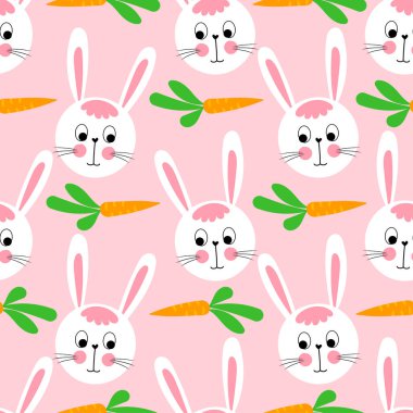 Tavşan kafası ve havuçlu tavşan desenli tavşan yavrusu desenli. Komik el çizimi karalama, kusursuz desen. Poster ya da tişört Mutlu Paskalya tasarımı. Duvar kağıdı, ambalaj kağıdı, arkaplan.
