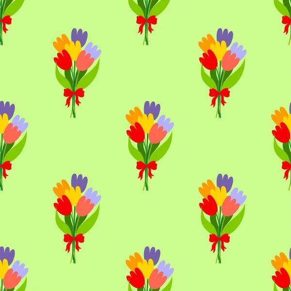 Cute Grona Tulipany Wzór Zielonym Tle Zabawny Wektor Kwiatowy Rysunek — Wektor stockowy