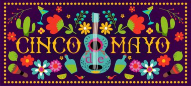 Cinco de Mayo, Meksika 'da 5 Mayıs, Meksika sembollü mor arka planda tatil alıntısı. Tişört, kupa, ev dekorasyonu, hediye, matbaa için iyi. Tatil alıntısı. 