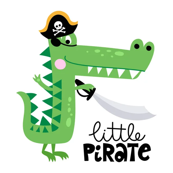 Little Pirate Cute Crocodile Sailor Print Design Funny Hand Drawn — Stock Vector