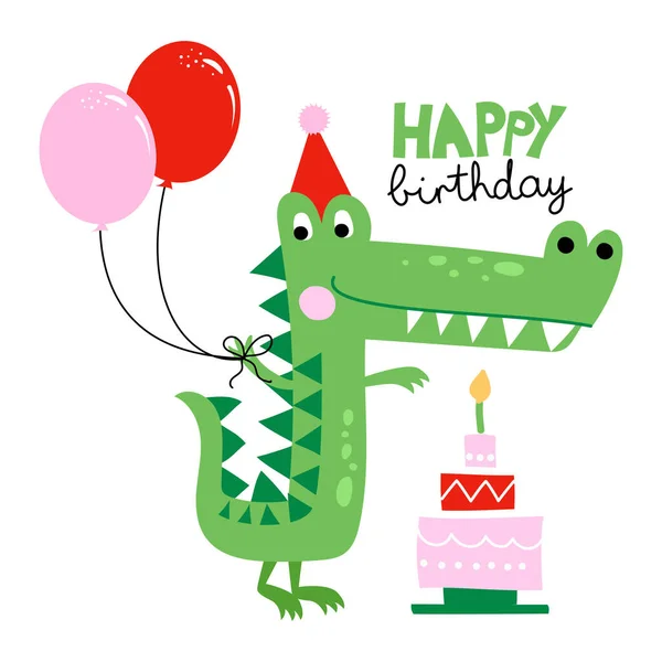 Feliz Aniversário Mão Engraçada Desenhado Doodle Crocodilo Dos Desenhos Animados —  Vetores de Stock
