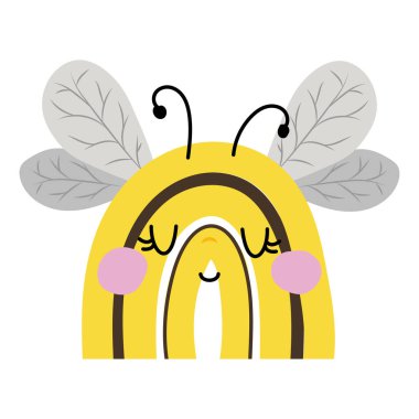 Boho gökkuşağı arısı karakteri. Komik gökkuşağı. Tatlı balarısı böcek bebek illüstrasyonu. Tatlı bal renkleri. Vektör logosu tasarımı. 