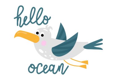 Merhaba Okyanus, kumsalda uçan tatlı martılar. Tişört, poster, kart için yaz illüstrasyonu.