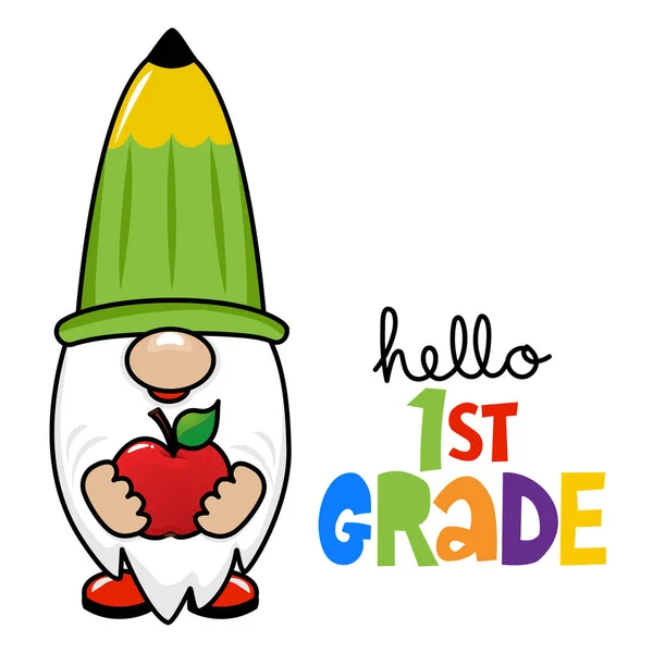 Γεια Σας Πρώτη Τάξη Smart Gnome Ένα Μήλο Ωραίος Χαρακτήρας — Διανυσματικό Αρχείο