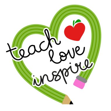 Love Inspire 'ı öğret - kırmızı elmalı renkli tipografi tasarımı. Öğretmenler Günü için hediye çeki. Kırmızı elma ve kalemle beyaz arkaplanda vektör çizimi. Kalemle okula dönüyorum..