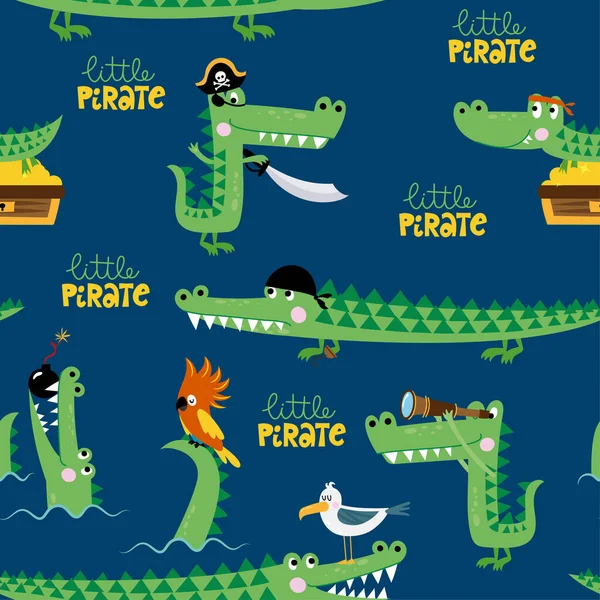 Маленький Піратський Крокодил Мила Колекція Морських Пригод Ілюстрації Острова Скарбів — стоковий вектор