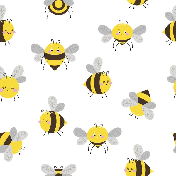 Leuke Honingbijen Naadloos Patroon Naadloze Achtergrond Met Hommels Simpel Patroon — Stockvector