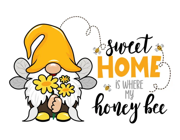 家是我可爱的蜜蜂手绘现代侏儒画的地方 完美的广告 公告或贺卡 漂亮的小妖精穿着蜜蜂的服装 — 图库矢量图片