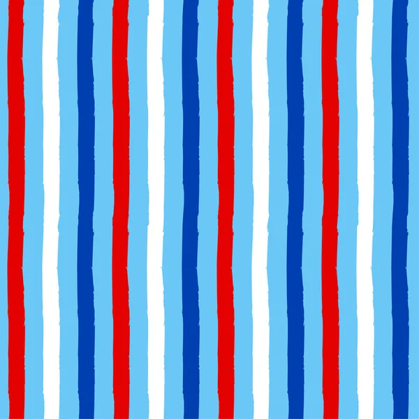 米国色の縞模様のデザイン 面白い描画シームレスなラインパターン ポスターやTシャツのテキスタイルグラフィックデザイン 壁紙包装紙 独立記念日 赤白青 — ストックベクタ