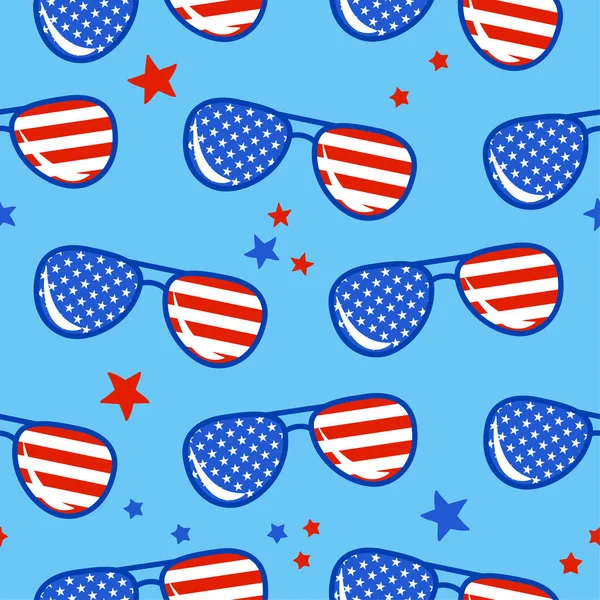 アメリカ色のアビエイターサングラスパターンデザイン 面白い図面シームレスパターン 壁紙包装紙 独立記念日 赤白青 7月4日 — ストックベクタ