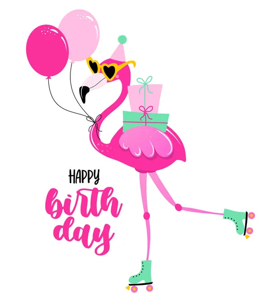Happy Birthday Lustiges Handgezeichnetes Doodle Cartoon Flamingo Gut Für Poster — Stockvektor