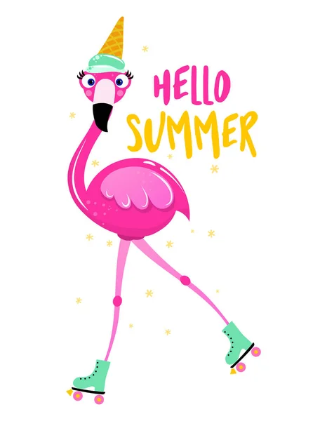 Γεια Σου Καλοκαίρι Παραγγελία Κινήτρων Χειροποίητο Πινέλο Φλαμίνγκο Και Παγωτό — Διανυσματικό Αρχείο