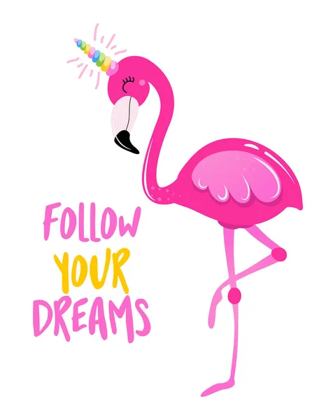 Följ Dina Drömmar Motiverande Citat Handmålade Borstbokstäver Med Flamingo Bra — Stock vektor