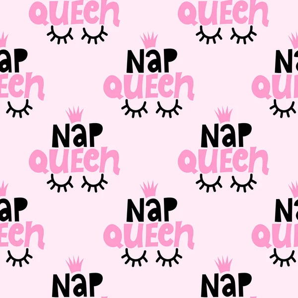 Nap Queen Tekstpatroon Roze Achtergrond Grappige Handgetekende Doodle Naadloos Patroon — Stockvector