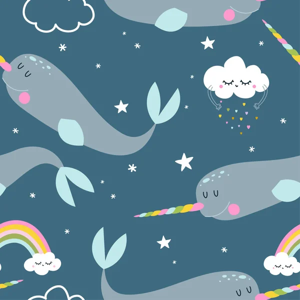 Blauw Narwal Patroon Met Wolken Regenbogen Grappige Handgetekende Doodle Naadloos — Stockvector