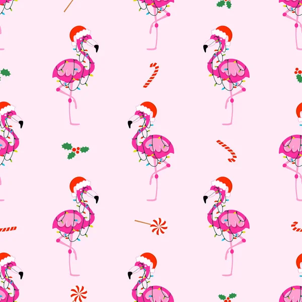 漂亮的火烈鸟图案为圣诞节 可敬的火烈鸟插图 手绘墙纸 适用于纺织品 圣诞快乐礼物包装纸 — 图库矢量图片