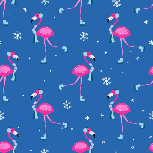 Niedliches Flamingo Muster Weihnachten Liebenswerter Flamingo Schneeflocken Illustration Handgezeichnete Tapete — Stockvektor