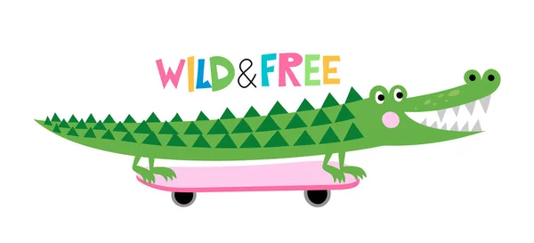 Wild Free Funny Hand Drawn Doodle Cartoon Alligator Skateboard Good — Stock Vector