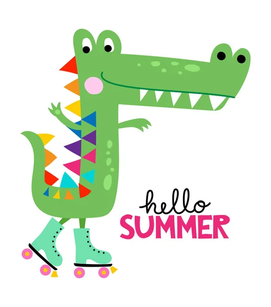 Hello Summer Zabawny Ręcznie Rysowany Bazgroł Kreskówkowy Aligator Wrotkami Nadaje — Wektor stockowy