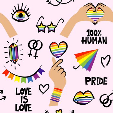Igbt gökkuşağı, kalp, metin, ok ve yıldızlı şirin kusursuz desen - gay gururu. Gurur Ayı. Mutlu Gurur Ayı İllüstrasyonu. Komik çizim şekli. Poster veya tişört tekstil grafik tasarımı.
