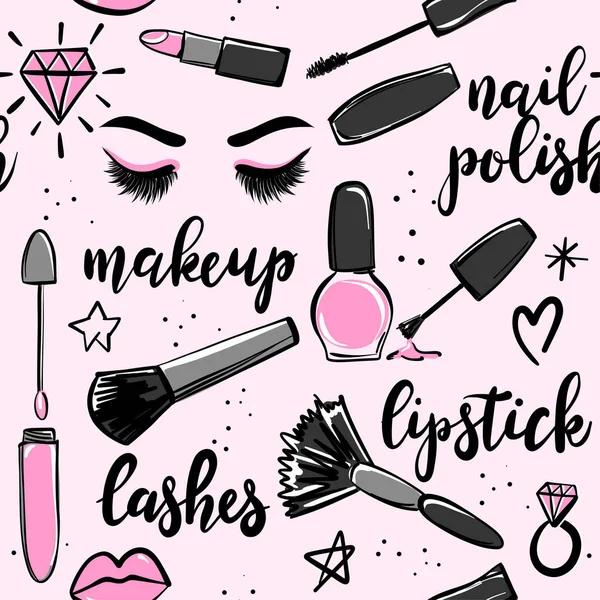 Cute Makeup Elements Funny Doodle Seamless Pattern Lipstick Eyelashes Hearts — Stock Vector