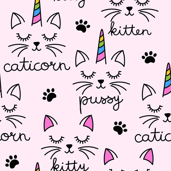 Cute White Cat Faces Unicorn Hors Funny Doodle Seamless Pattern — Stock Vector