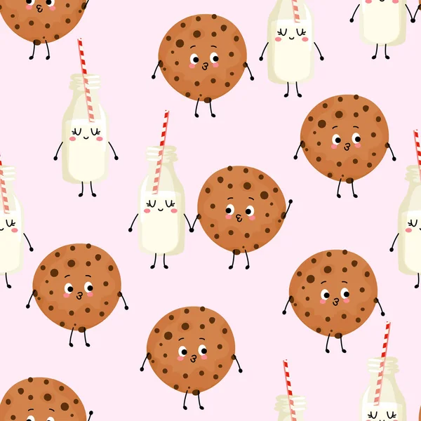 Csokoládé Cookie Tej Rózsa Háttér Vicces Kézzel Rajzolt Doodle Zökkenőmentes — Stock Vector