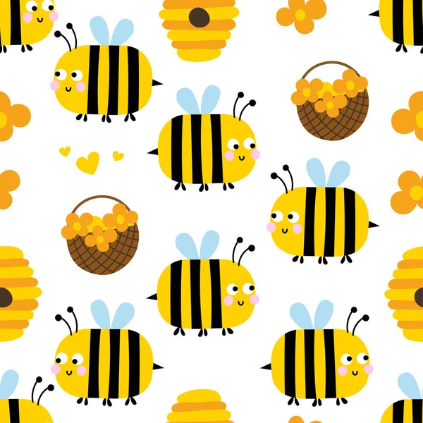 可爱的蜜蜂无缝图案 无缝隙的背景与大黄蜂 简单的模式 矢量说明 — 图库矢量图片