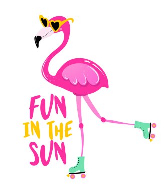 Güneşte eğlenmek, motivasyon alıntıları. Patenci flamingo ile el boyası fırça harfi. Tişörtler, posterler, tekstil, hediyeler, seyahat setleri için iyidir..