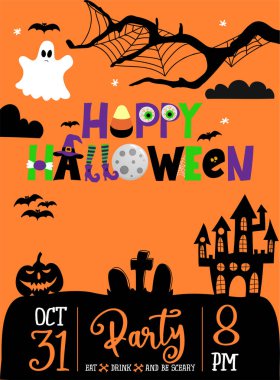 Cadılar Bayramı partin kutlu olsun. Mezarlık ve balkabağı desenli afiş. Dolunay, av evi, örümcek ağı ve uçan yarasa.