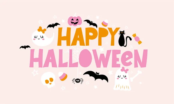 Feliz Halloween Citação Halloween Fundo Rosa Claro Com Letras Coloridas — Vetor de Stock