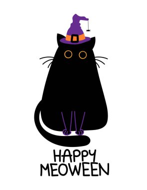 Mutlu Cadılar Bayramı (Mutlu Cadılar Bayramı) - şirin vampir dişli siyah kedili komik alıntı tasarımı. Parmak izi için kedi imzası. Üzerinde yazı olan sevimli kedi posteri, tişört, hediye, kupa ya da diğer tasarımlar için iyi..