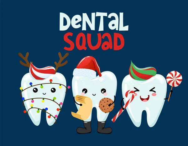 Escouade Dentaire Personnages Équipe Dentaire Dans Style Kawaii Dents Dessinées Graphismes Vectoriels