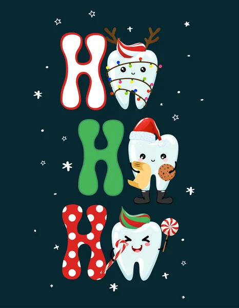 Joyeux Noël Personnages Équipe Dent Dans Style Kawaii Dents Dessinées Vecteur En Vente