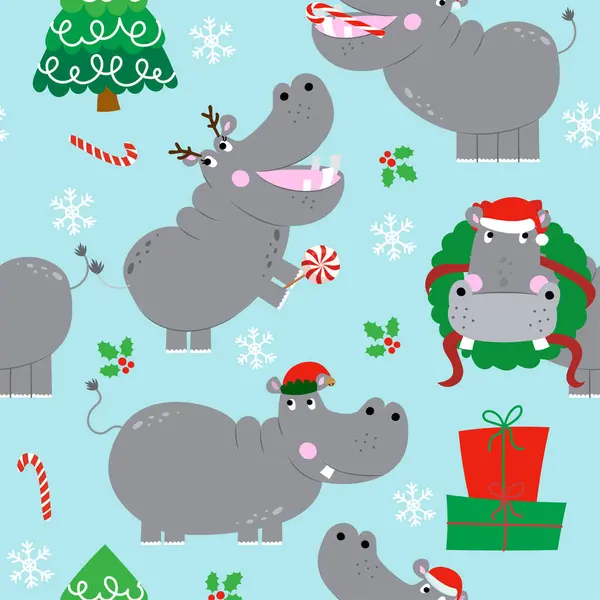Patrón Navidad Bruja Lindo Hipopótamos Divertido Garabato Dibujado Mano Patrón Ilustración De Stock