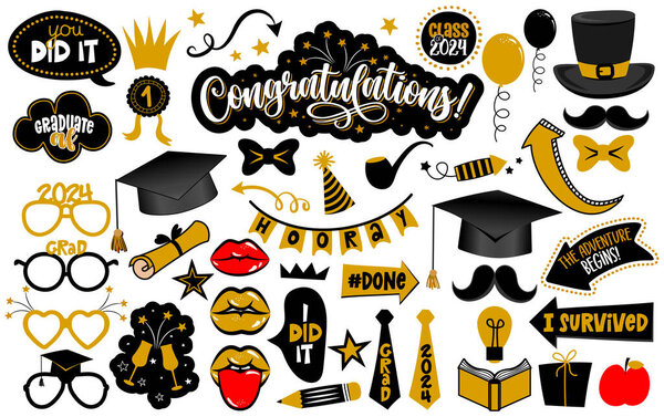 Congratulations Graduates photo booth prop set. Premium vector cap, hat, lips, eyeglasses, degree and many other. Graduation party photo booth. Let the adventure begin.