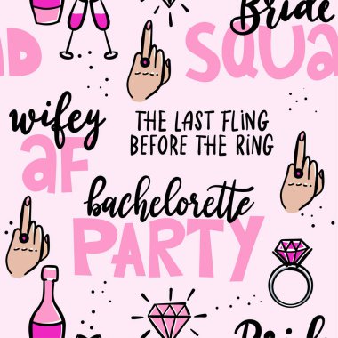 Bachelorette doodle humorous vector seamless pattern. Hen bachelorette party vector seamless pattern with wedding symbols and slogans. clipart