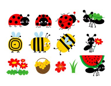 Tatlı çizgi film böcek koleksiyonu. Uğur böceği, yaban arısı ve karınca. Yaz koleksiyonları için komik arılar, çiçek tomurcukları ve yapraklar..