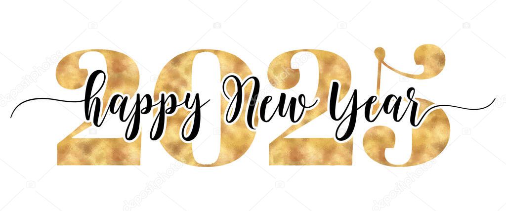 Happy new year 2025 - Inspirational New Year beautiful handwritten quote, gift tag, lettering message. Hand drawn winter, January phrase. Handwritten modern brush calligraphy for 2025. Mug subtitles.